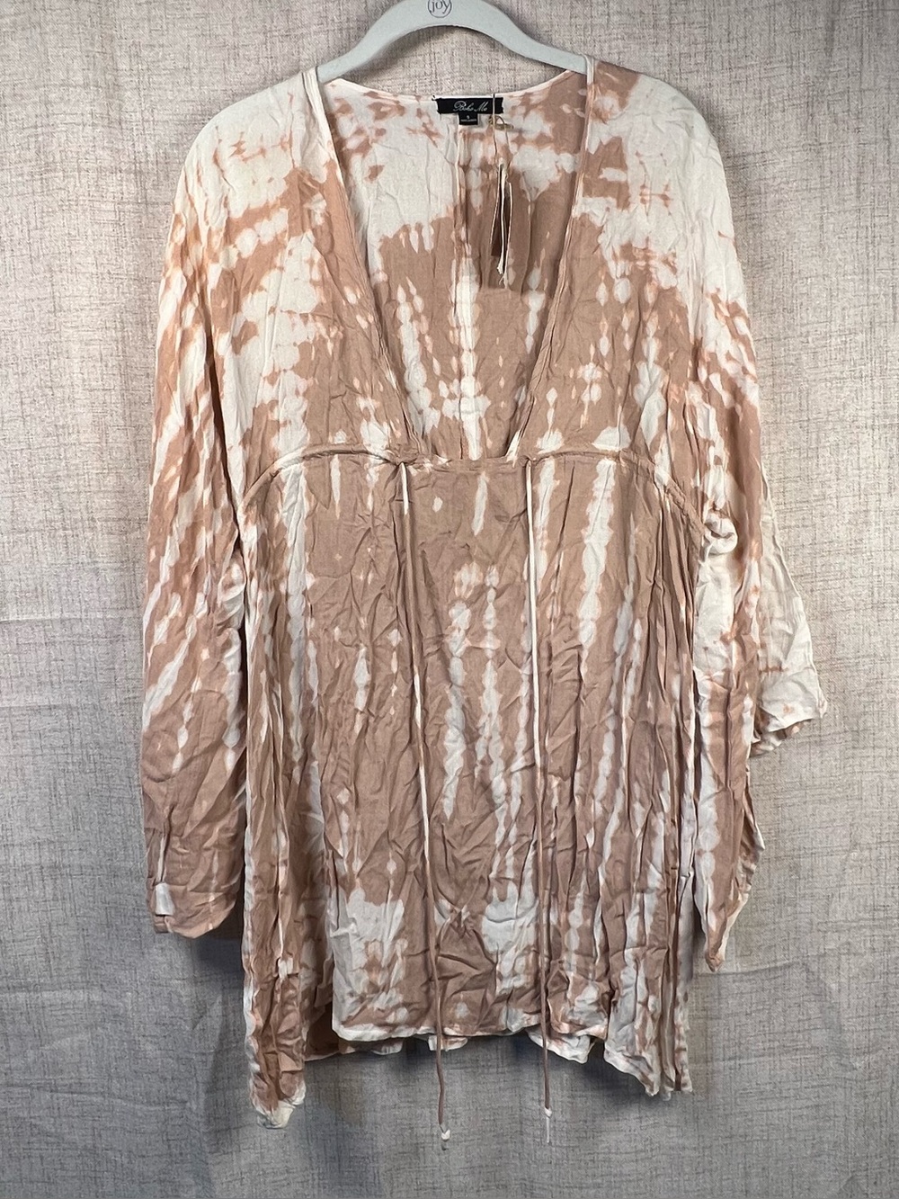 Tie Dye Dress Tan Cream Muted Forever 21 V Neck Tie Boho Me NWT Long Sleeve SM